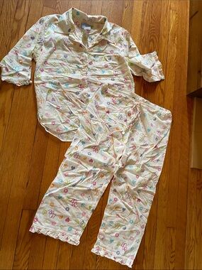 Nick & Nora White Pajama Set with Colorful Peace Signs, Hearts & Flowers